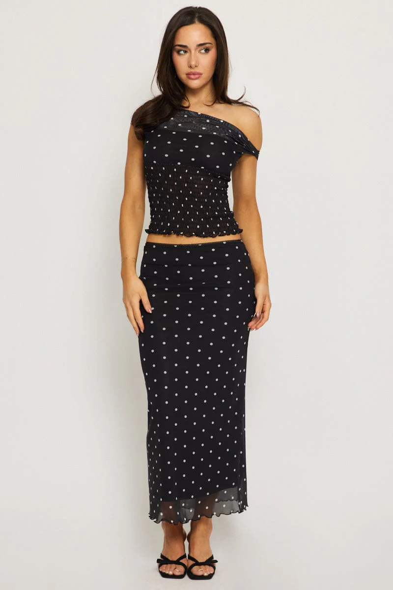 Black Polka Dot Mesh Skirt Elasticated Picot Trim Midaxi