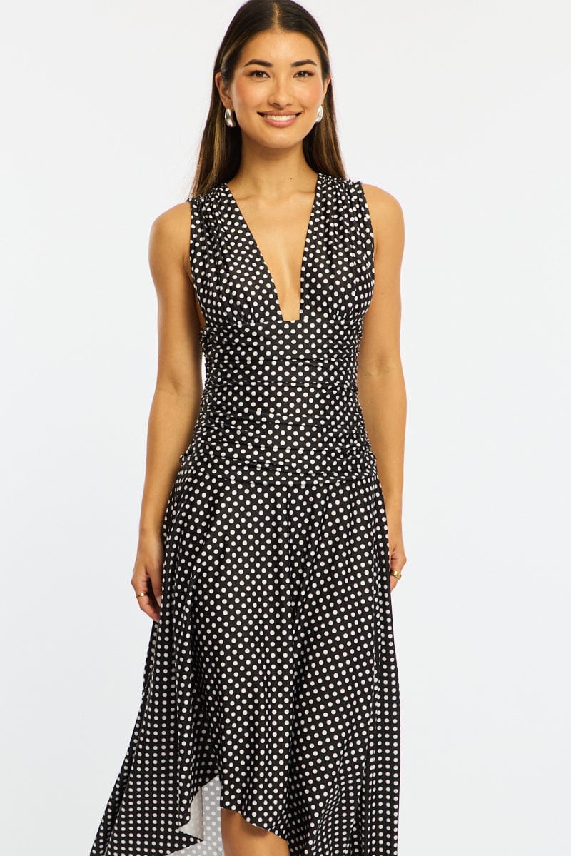 Black Polka Dot Midi Dress Hanky Hem - Image 2