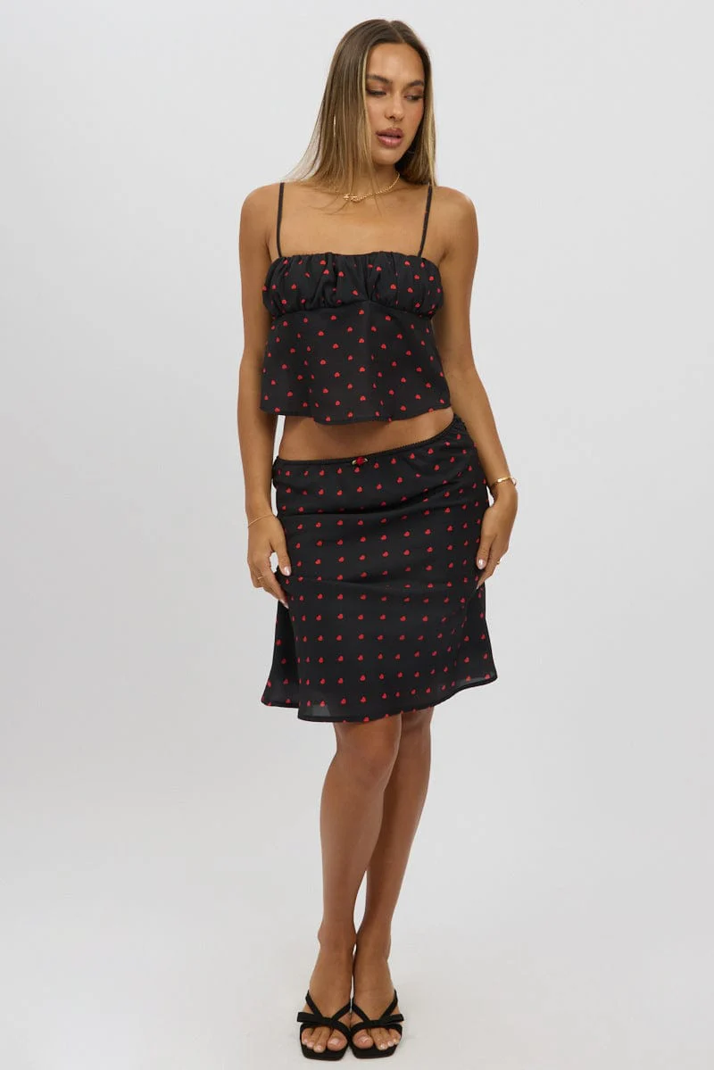 Black Polka Dot Picot Trim Midi Skirt Chiffon Lined