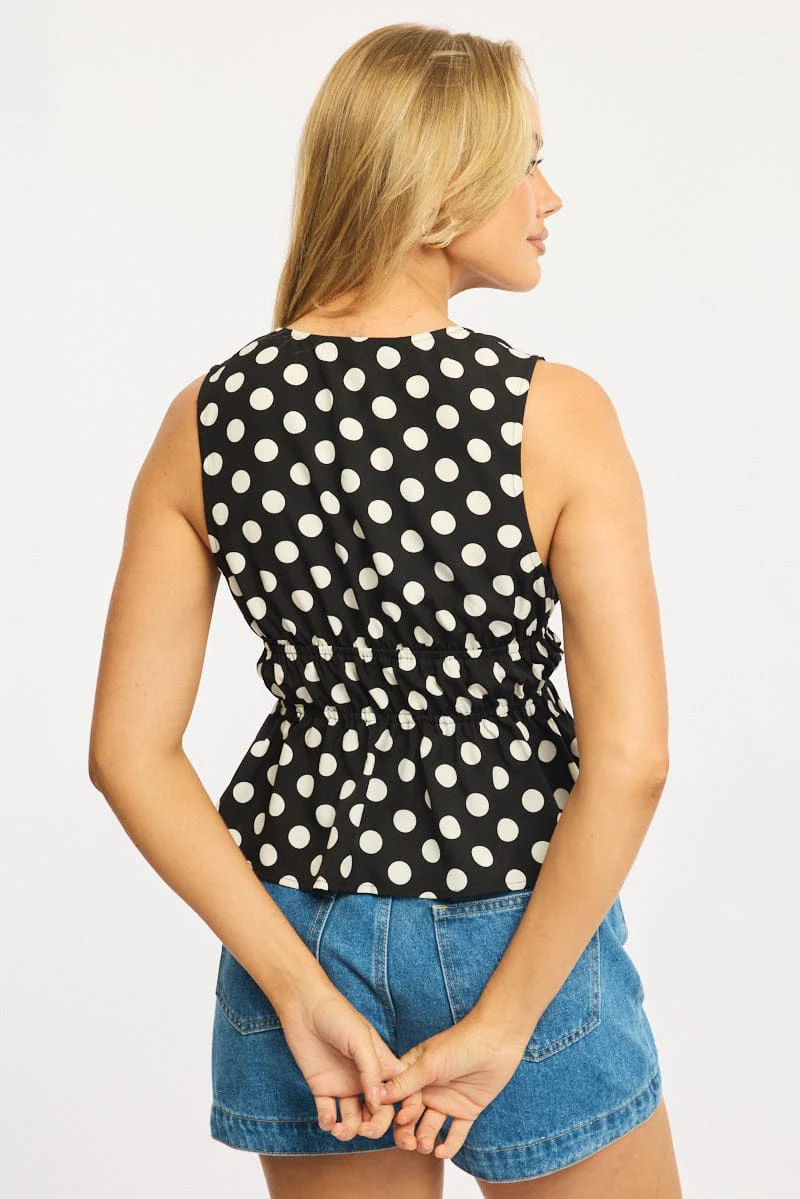Black Polka Dot Tie Up Vest Sleeveless - Image 4