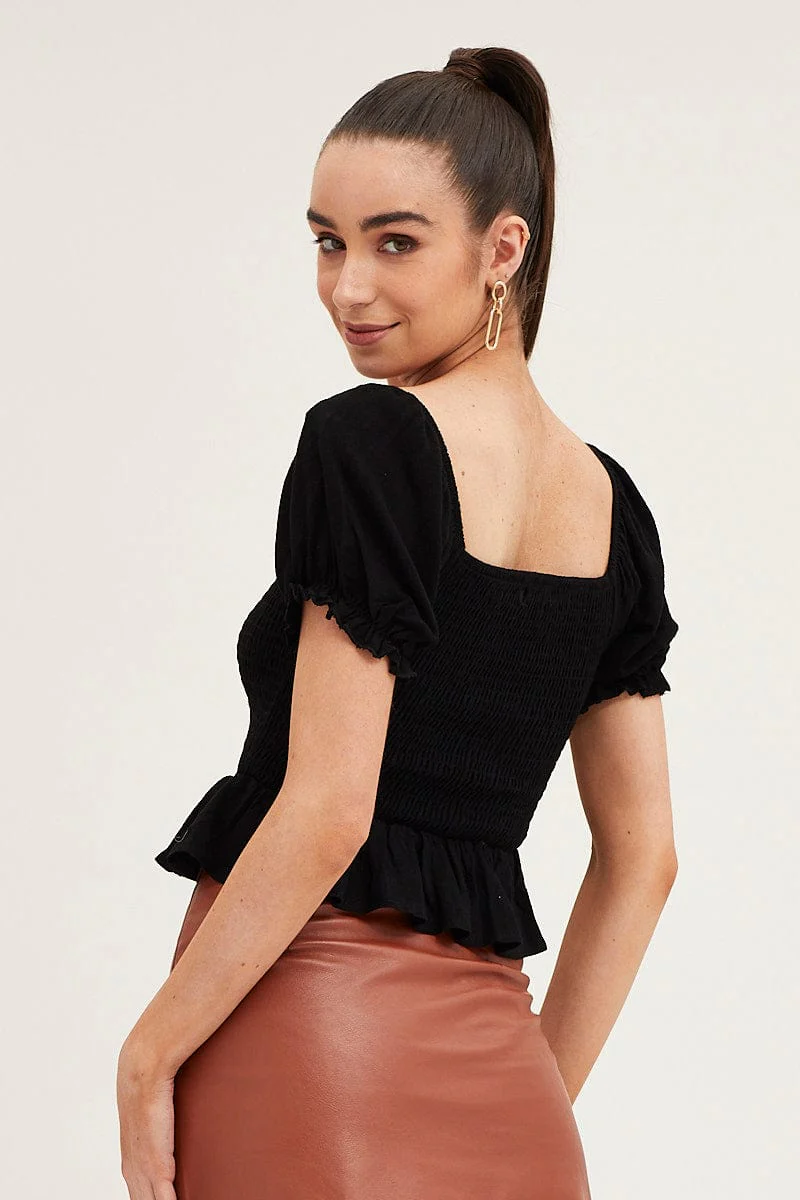 Black Puff Sleeve Shirred Top - Image 5