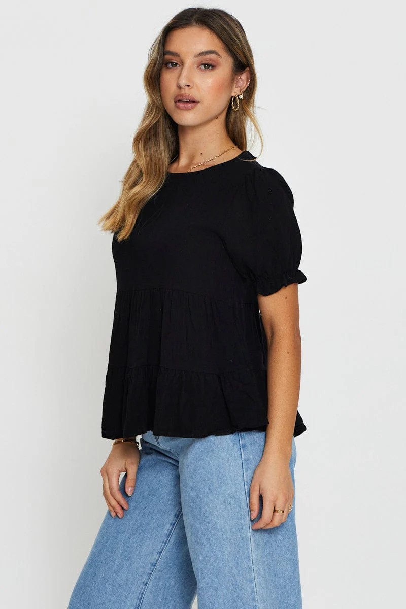 Black Puff Sleeve Top Short Sleeve - Image 3