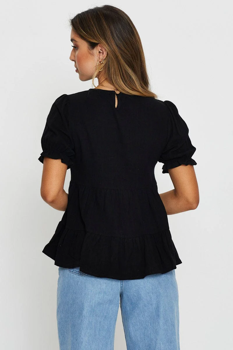Black Puff Sleeve Top Short Sleeve - Image 4