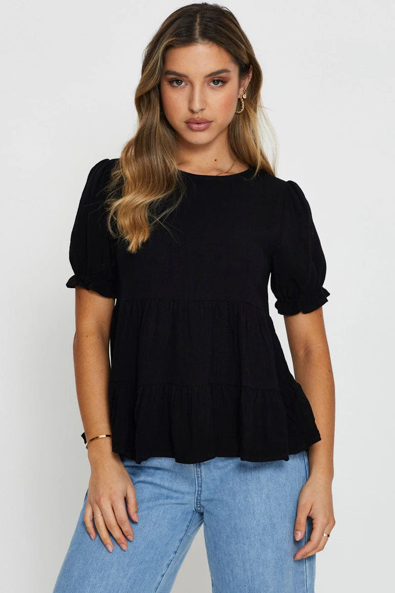Black Puff Sleeve Top Short Sleeve - Image 5