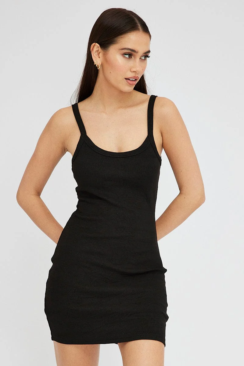 Black Rib Dress Sleeveless Scoop Neck Mini - Image 3