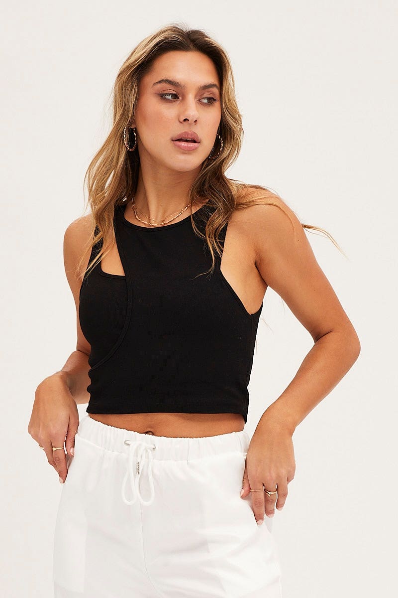 Black Rib Sleeveless Asymmetric Cut Out Tank Top - Image 3