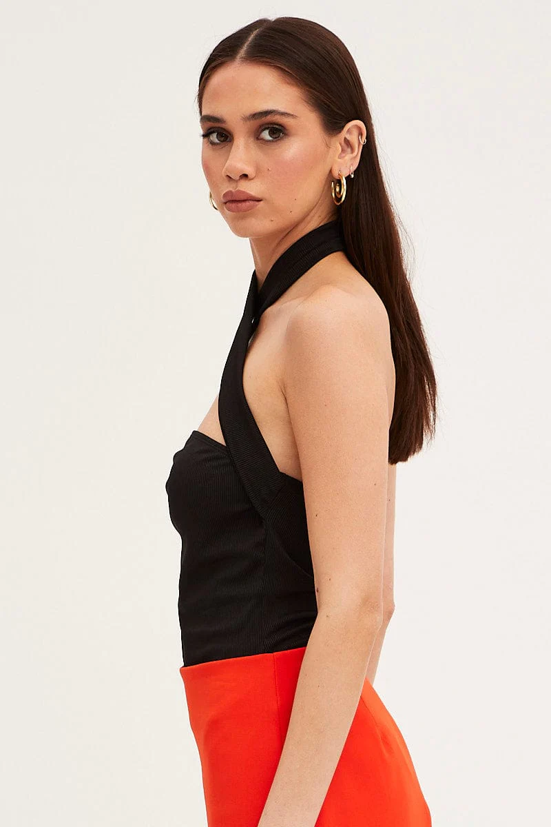 Black Ribbed Knit Crisscross Front One Piece Bodysuit - Image 4