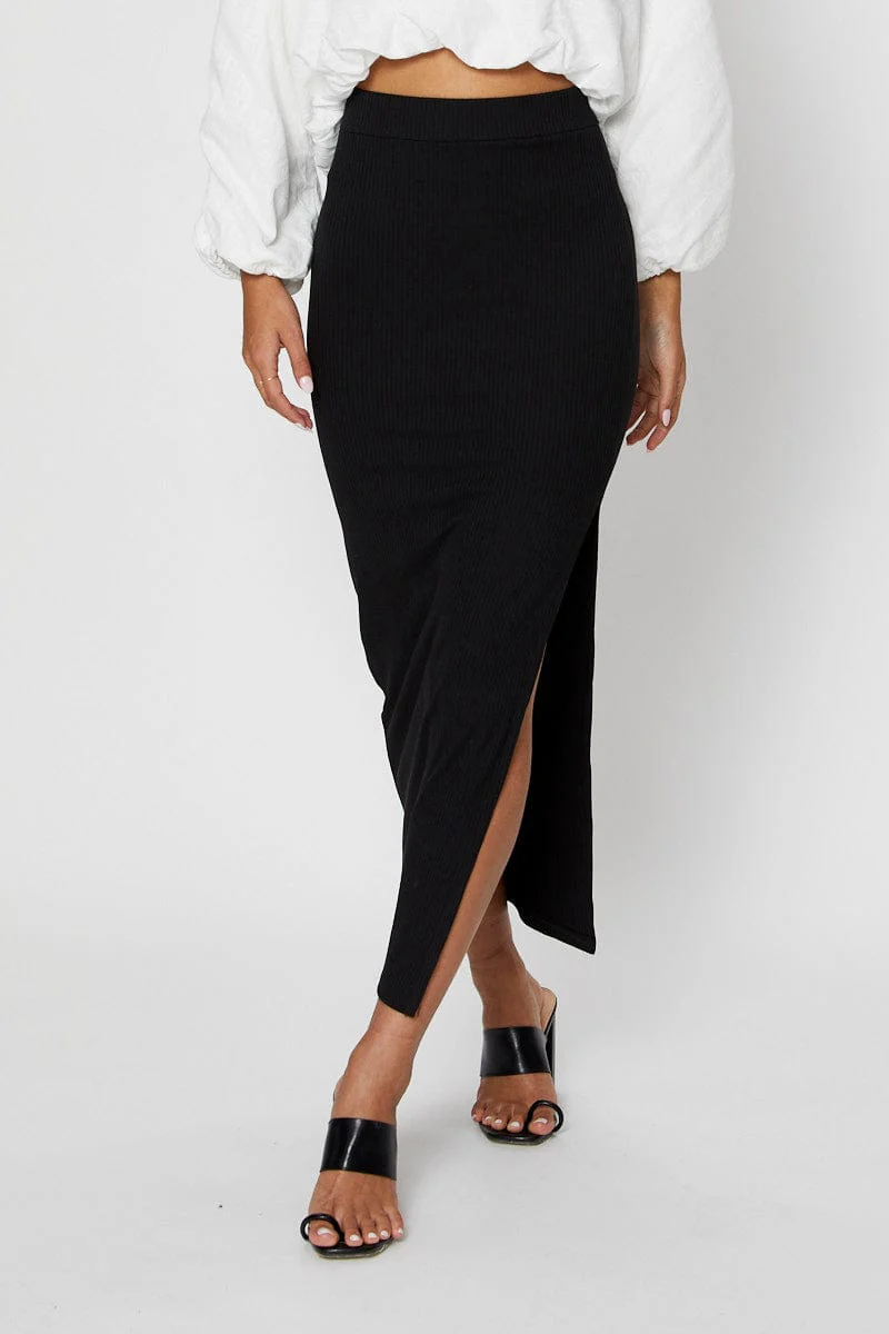 Black Ribbed Midi Skirt - Image 2