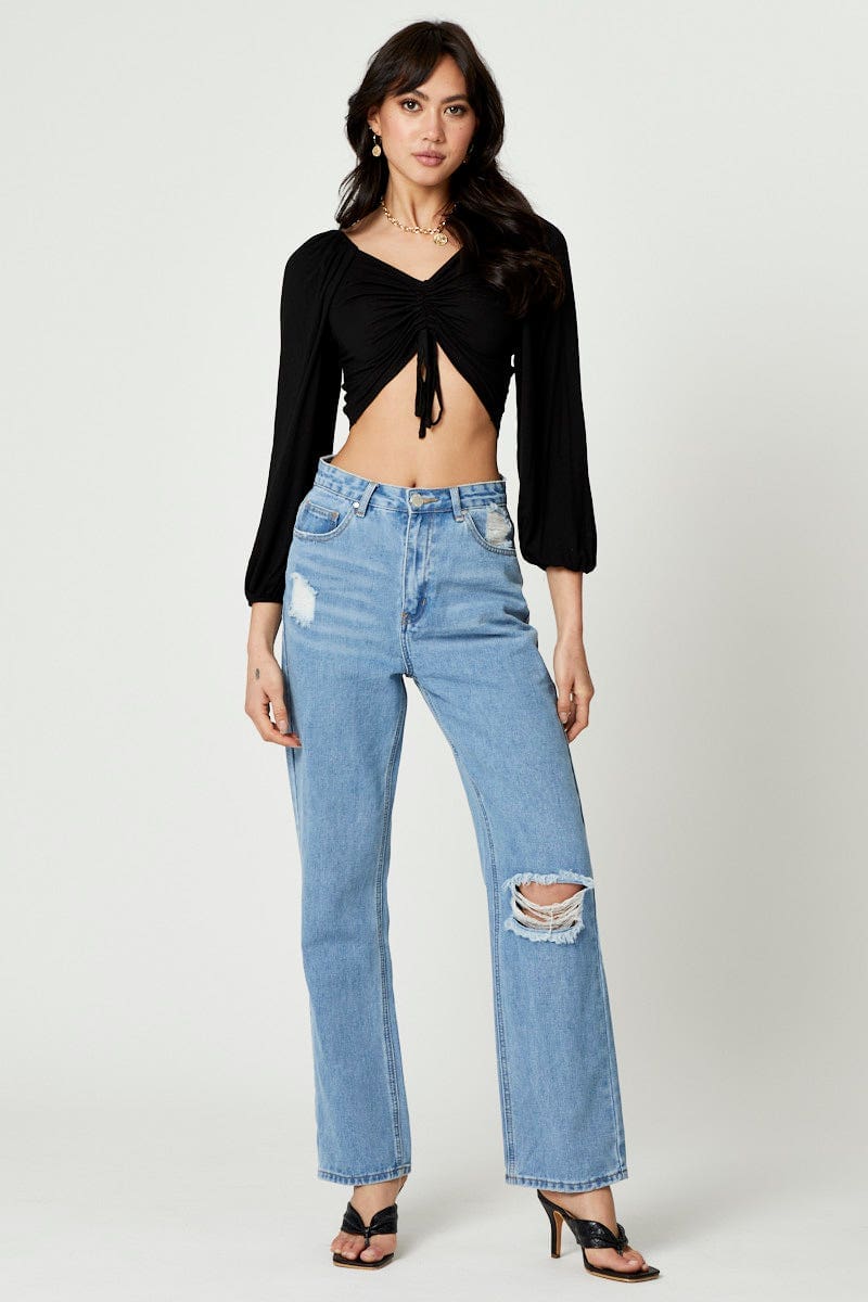 Black Ruched Long Sleeve Top - Image 2