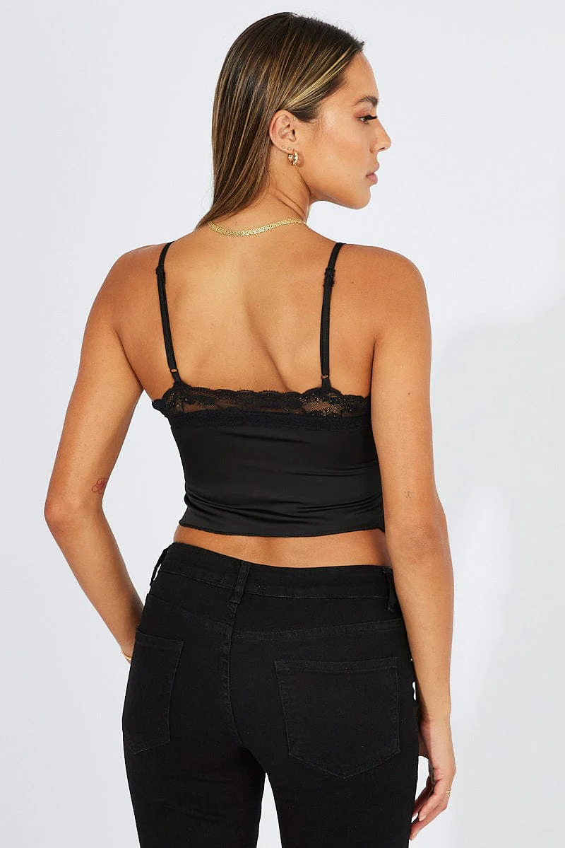 Black Satin Cami Lace Trim Neck - Image 5