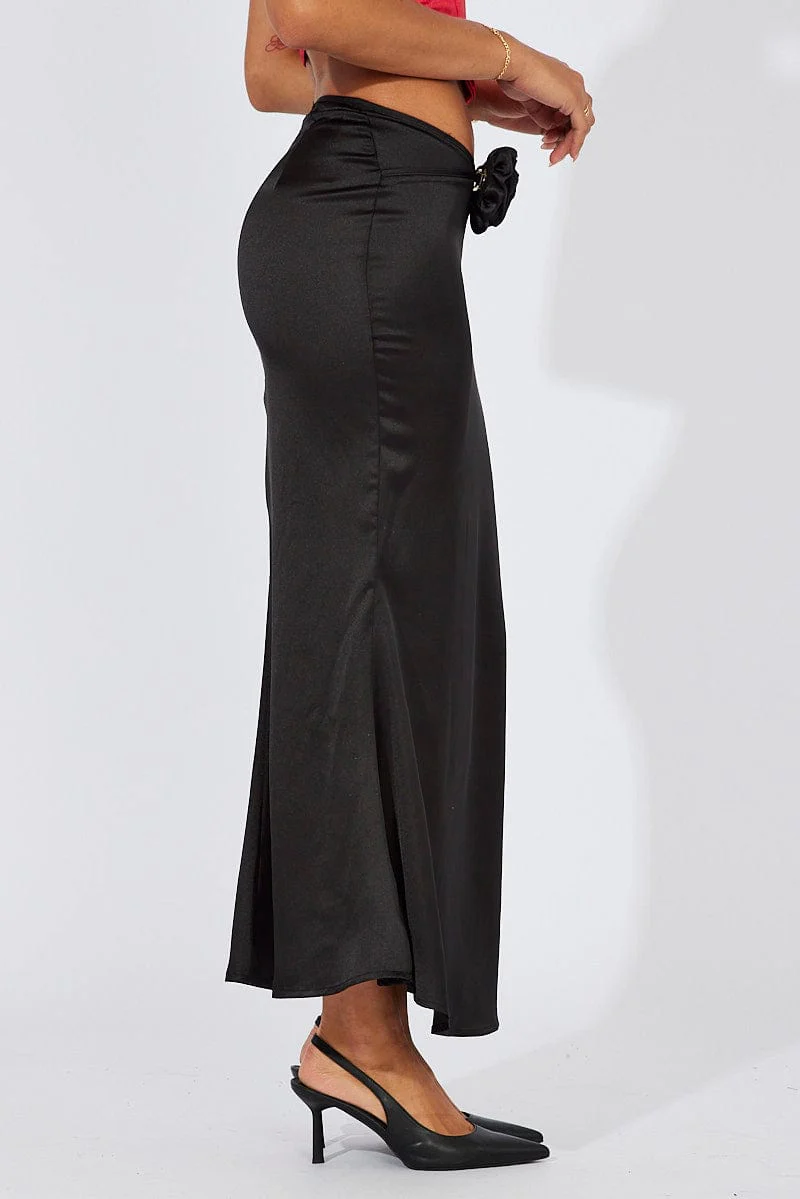 Black Satin Rose Flower Brooch Maxi Skirt - Image 4