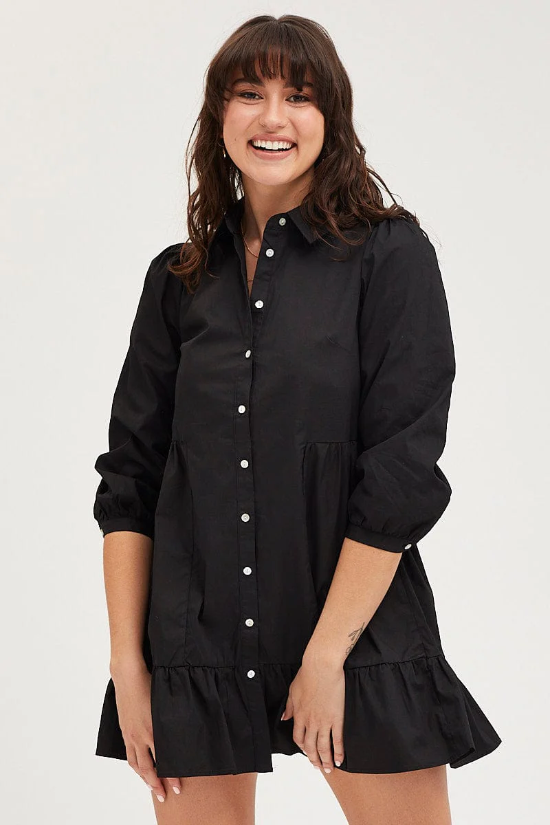 Black Shirt Dress Long Sleeve Mini High Neck - Image 3