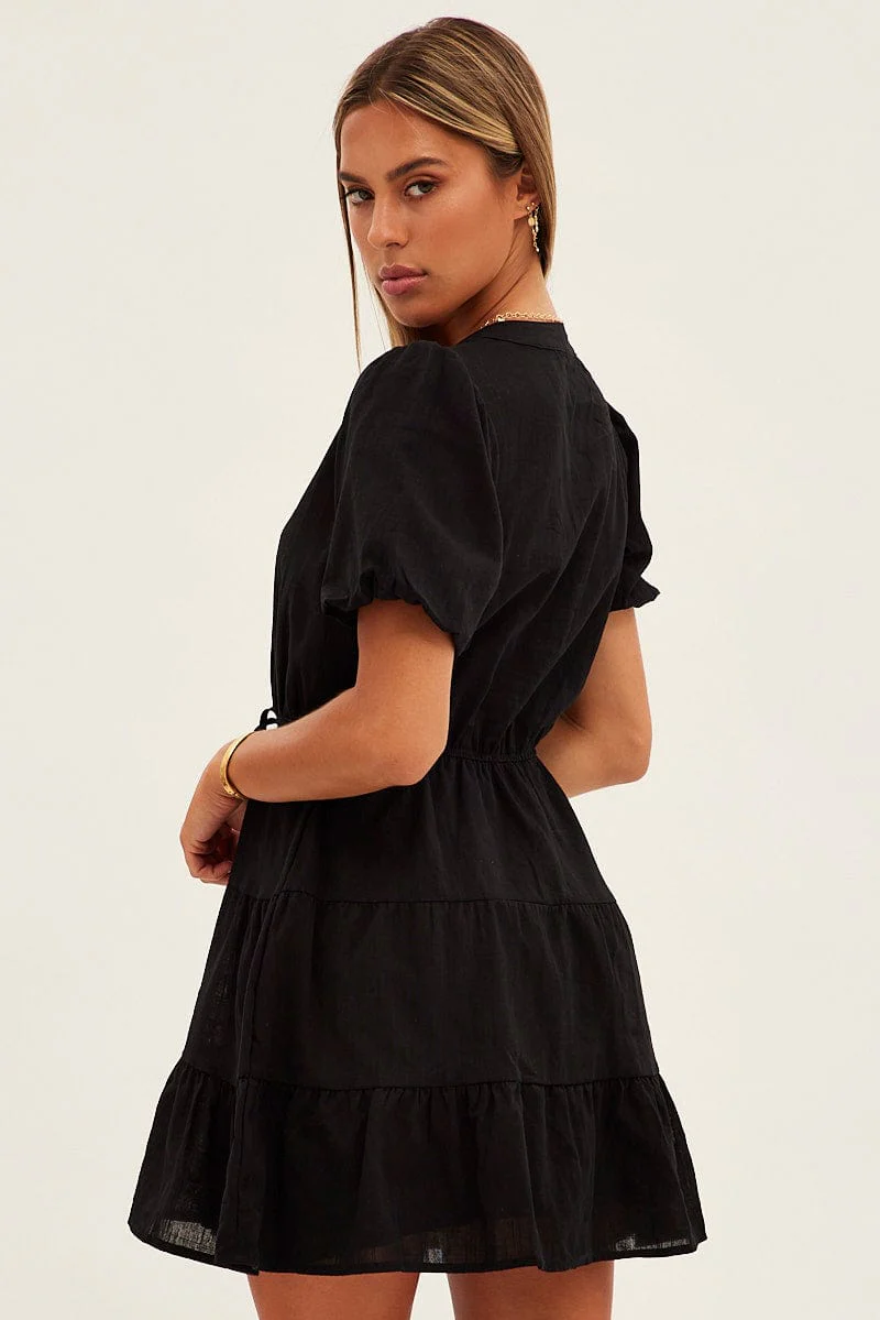 Black Shirt Dress Short Sleeve V-Neck Tiered - Image 5
