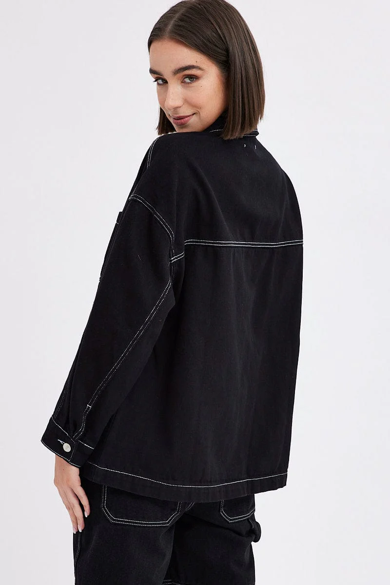 Black Shirt Long Sleeves Collared Contrast Stitch Denim - Image 5