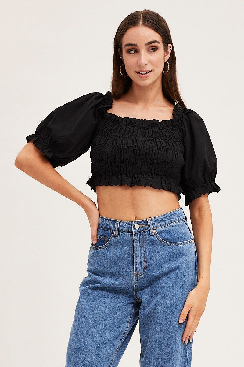 Black Short Sleeve Frilled Edge Shirred Crop Top - Image 3