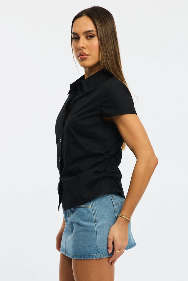 Black Short Sleeve Shirt Collared Side Ruched Button Up - Image 3