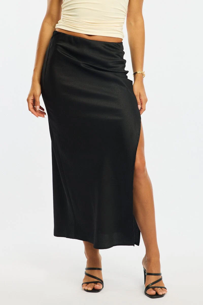 Black Slip Skirt High Waist Front Split Midaxi Satin - Image 2