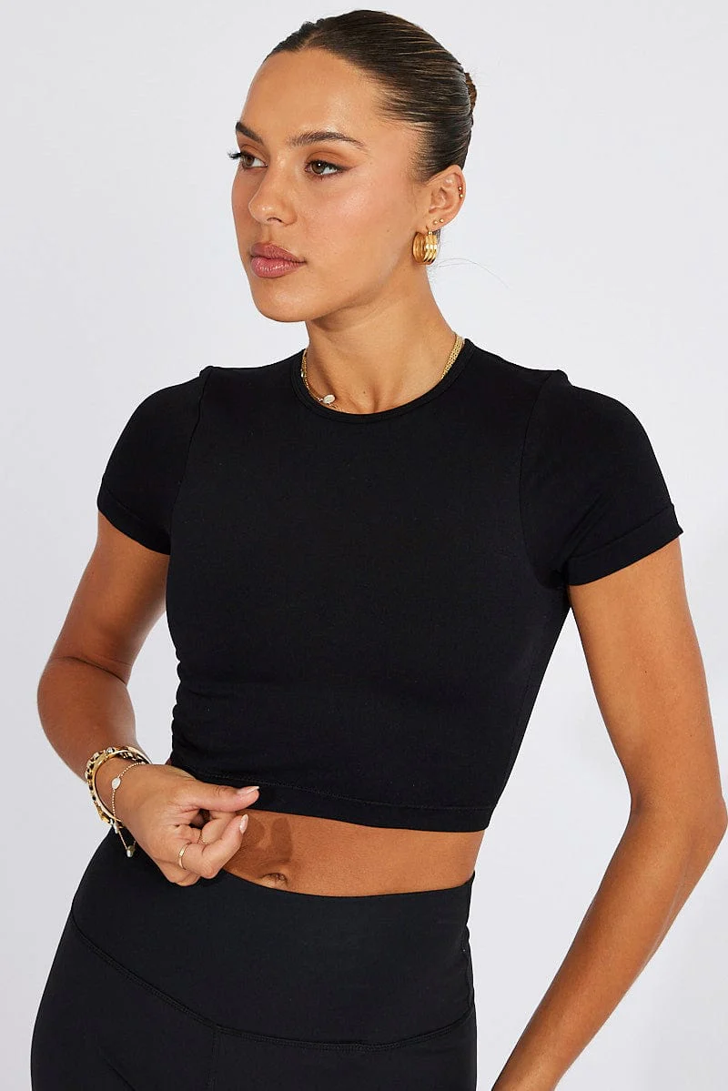 Black T-Shirt Short Sleeve Crew Neck Seamless - Image 2