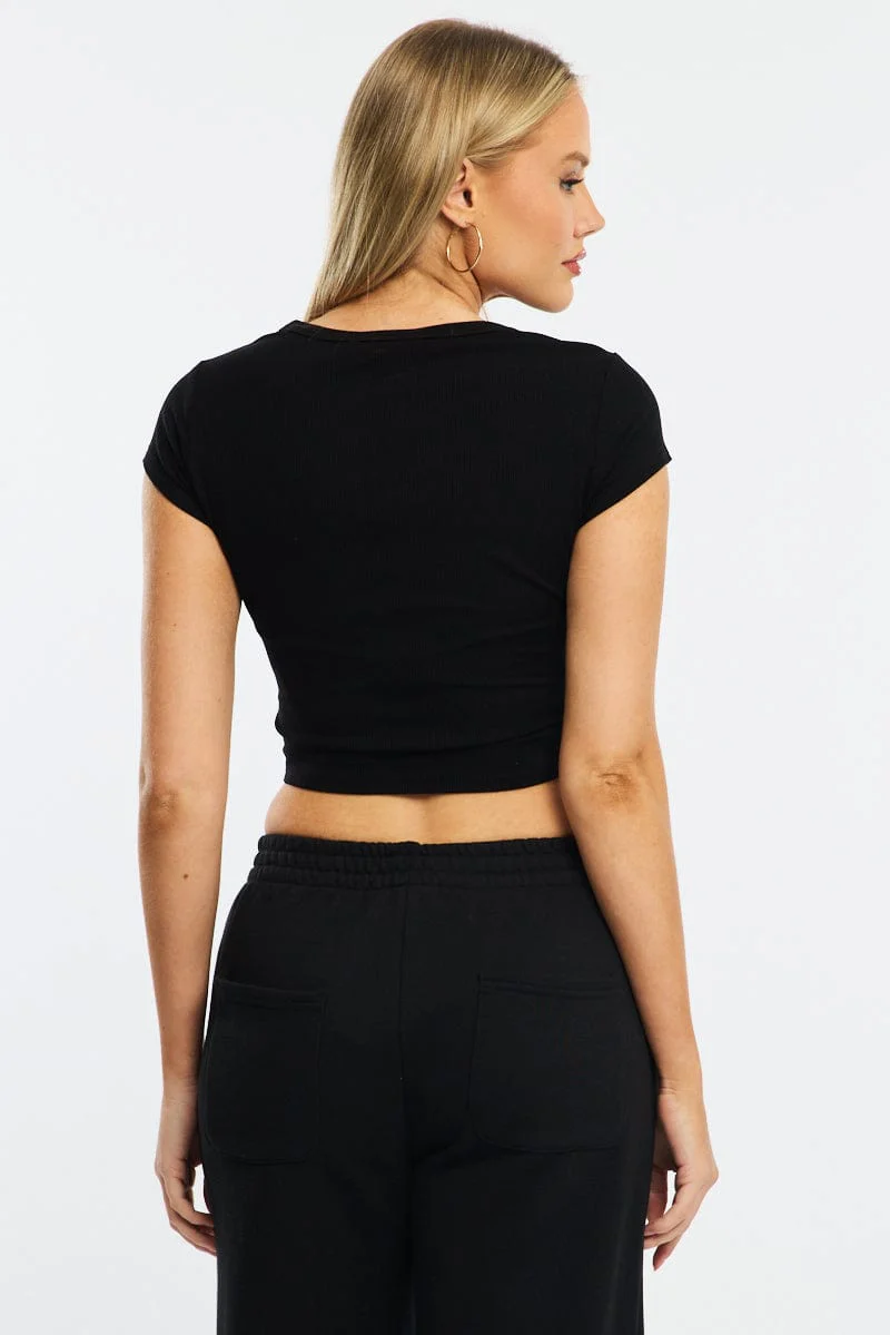 Black T-shirt Short Sleeve Henley Neck Rib - Image 4