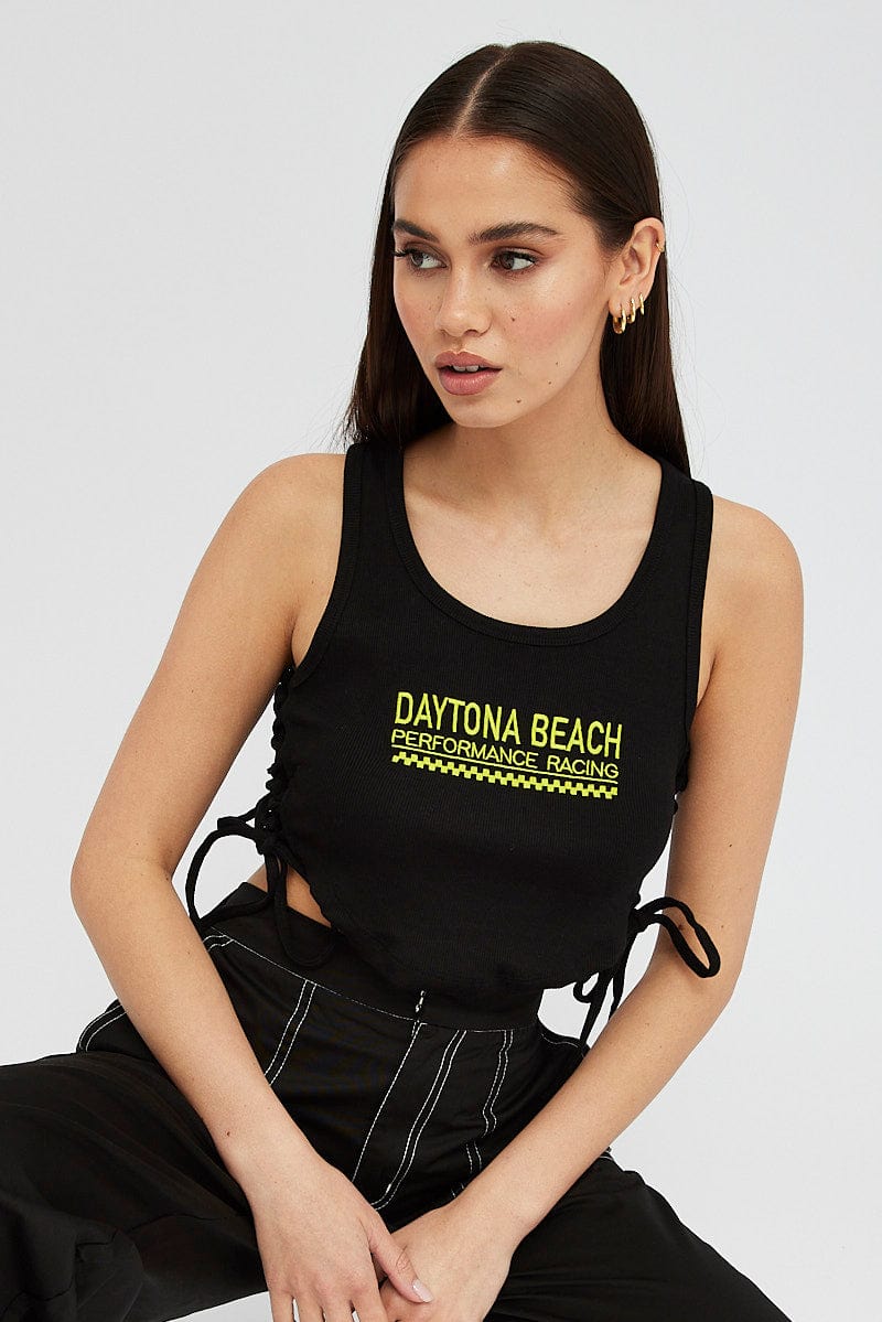 Black Tank Top Side Ties Daytona Beach Embroidery Rib - Image 3