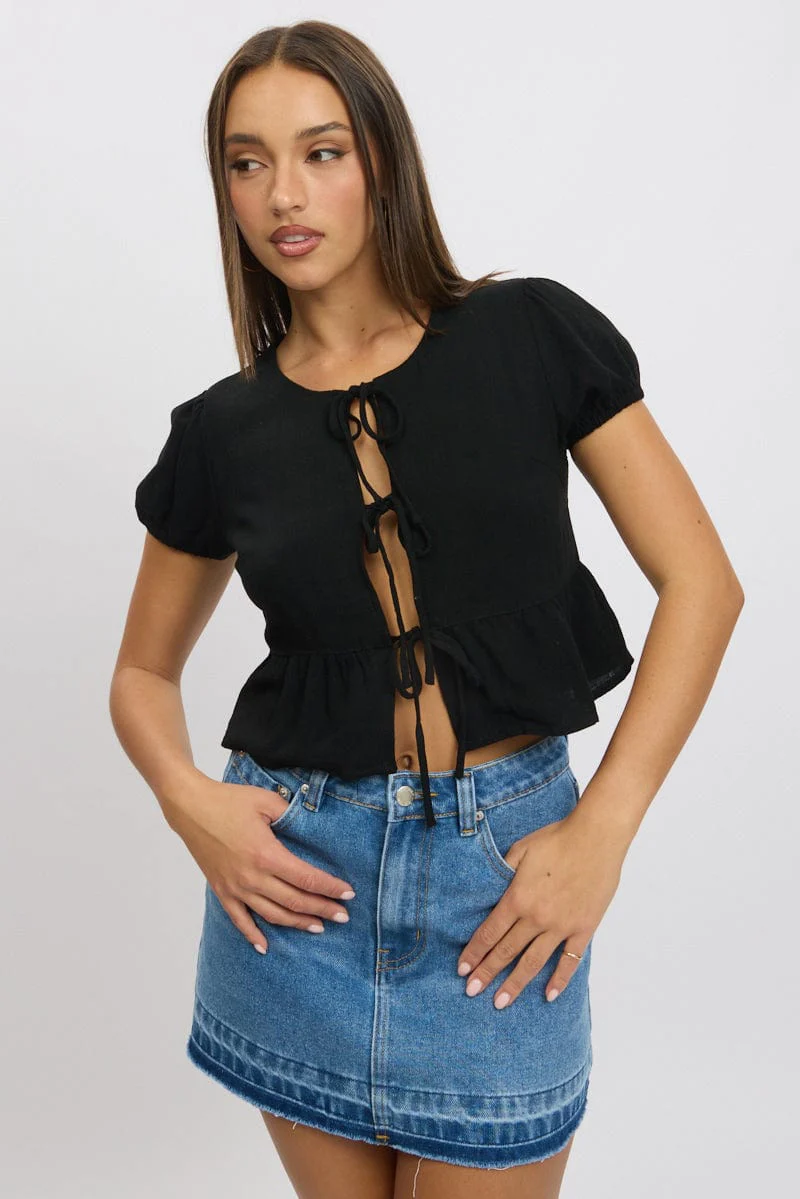 Black Tie Front Top Puff Sleeve - Image 3