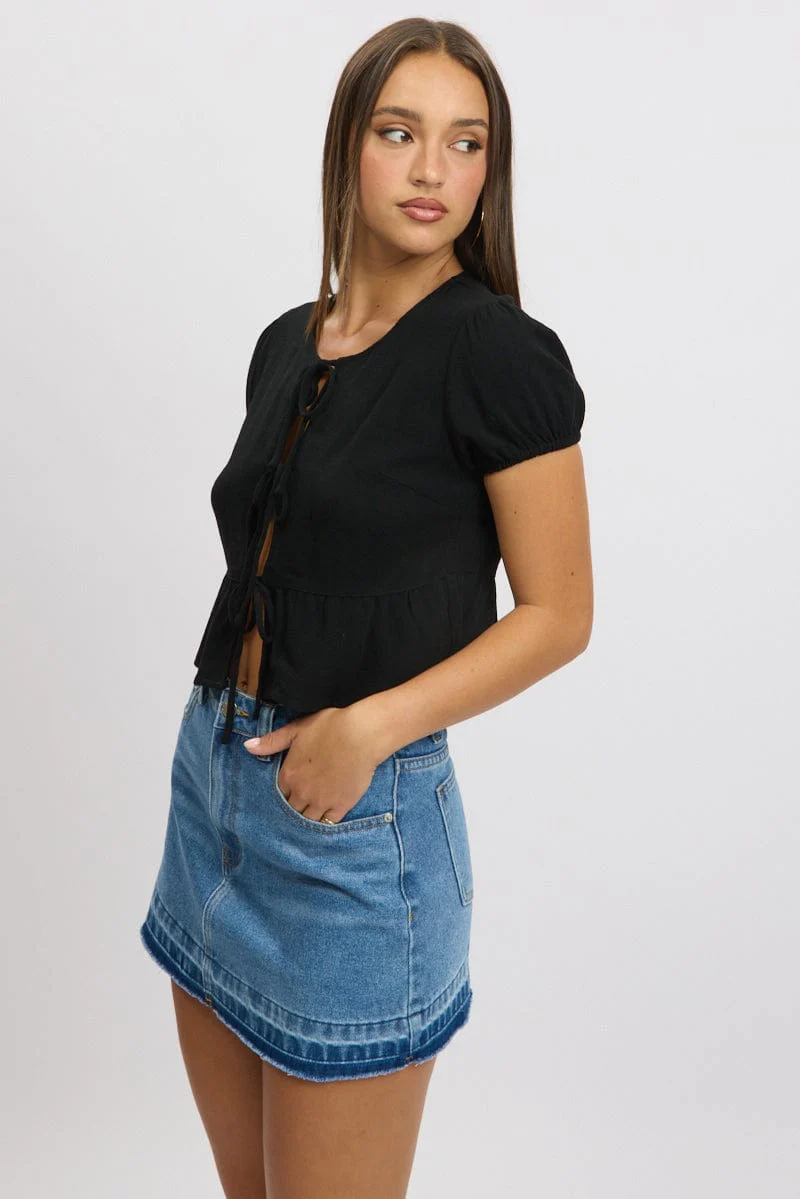 Black Tie Front Top Puff Sleeve - Image 4