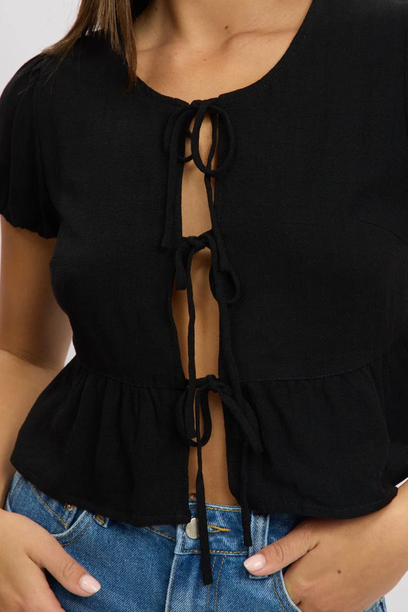 Black Tie Front Top Puff Sleeve - Image 6
