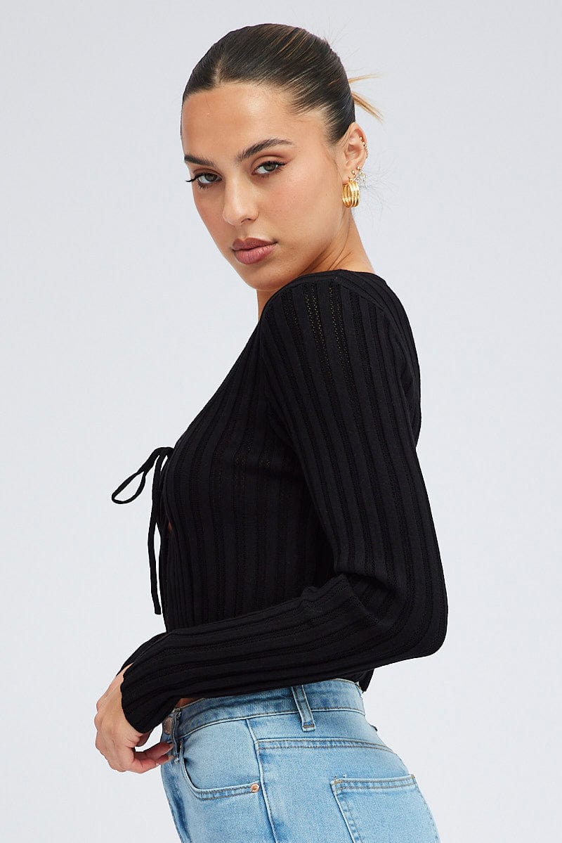 Black Tie Up Cardigan Long Sleeve Scoop Neck - Image 4