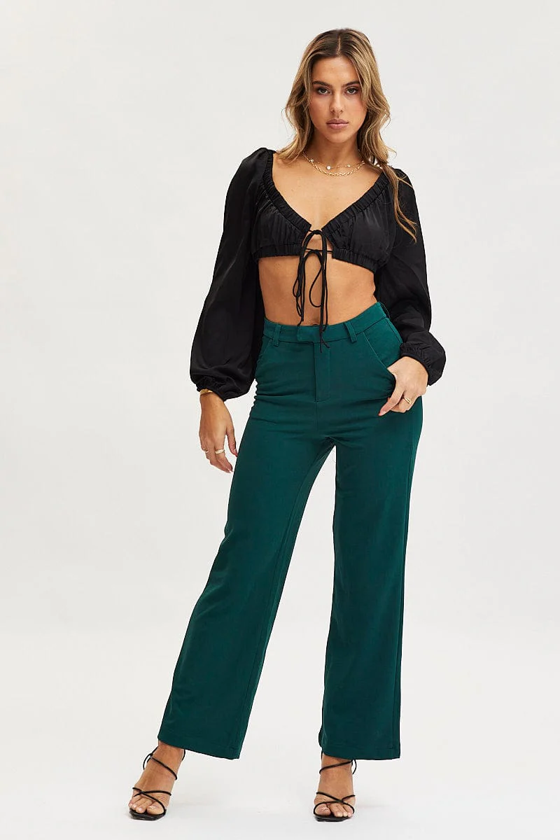 Black Tie Up Top Long Sleeve Crop - Image 2