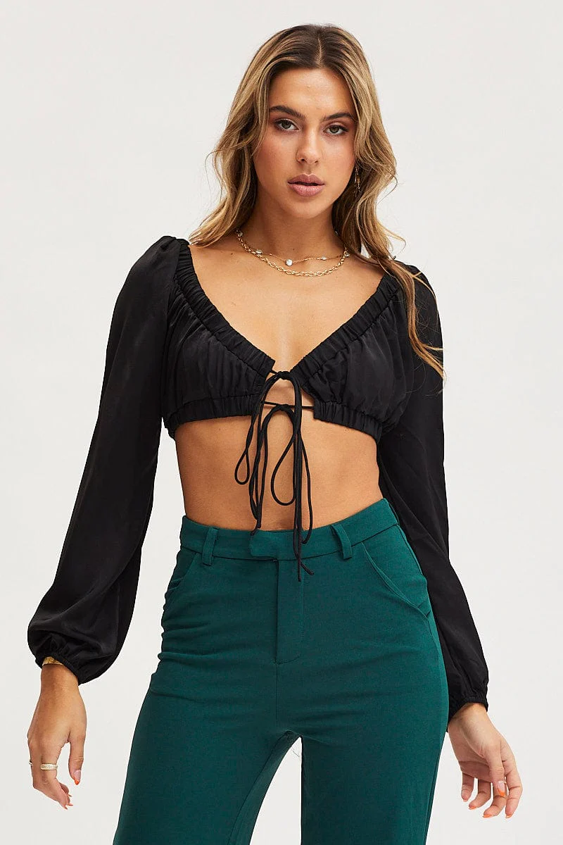 Black Tie Up Top Long Sleeve Crop - Image 3