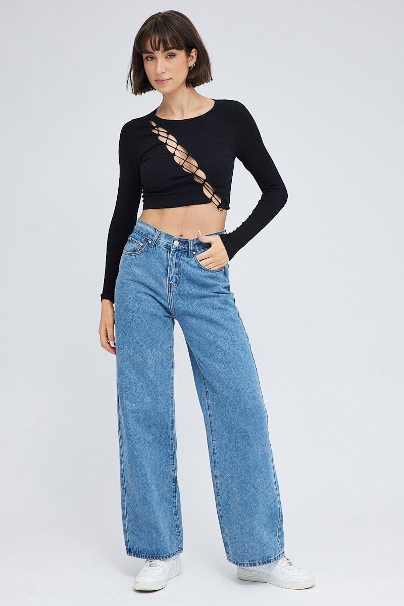 Black Top Long Sleeve Lace Up Seamless - Image 2