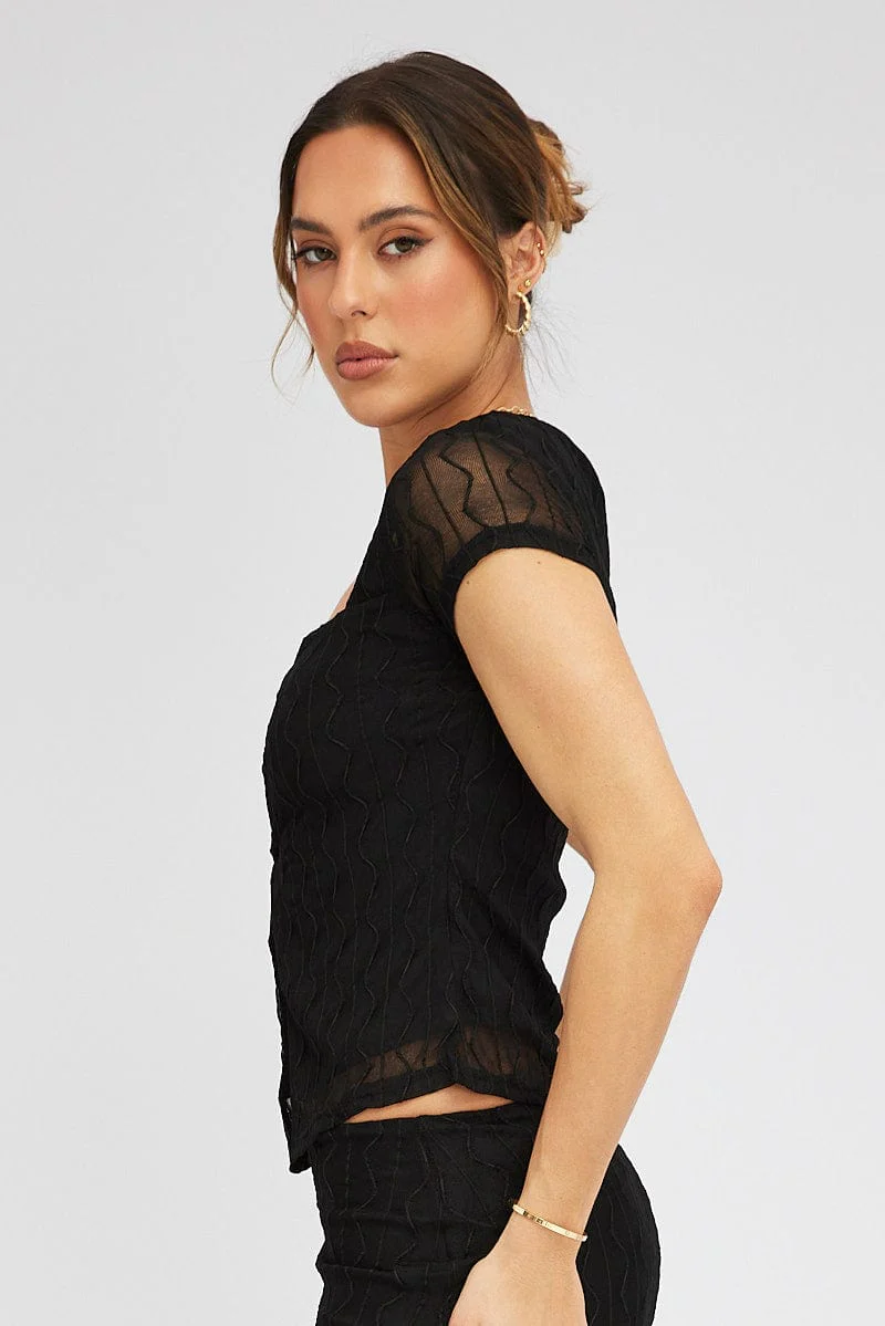Black Top Short Sleeve Sweetheart Keyhole Hook & Eye - Image 4