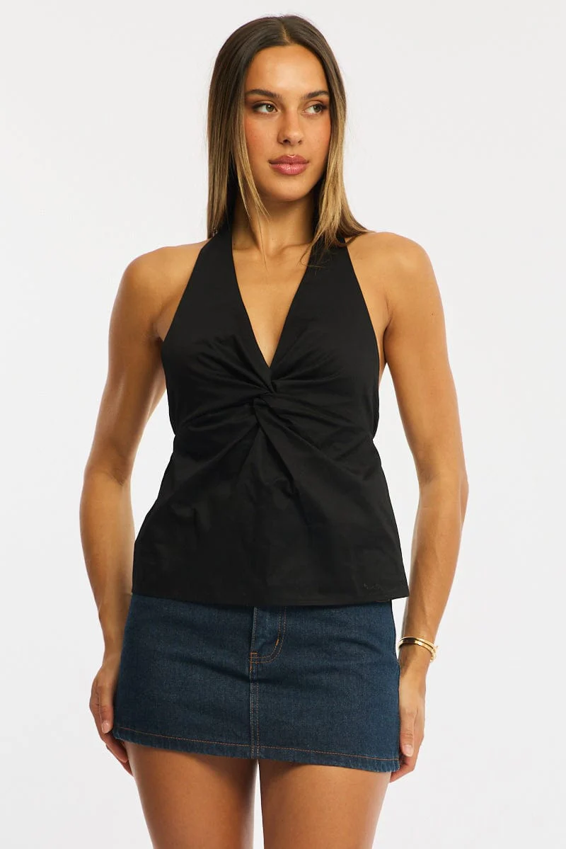 Black Twist Halter Top Sleeveless Cotton Poplin