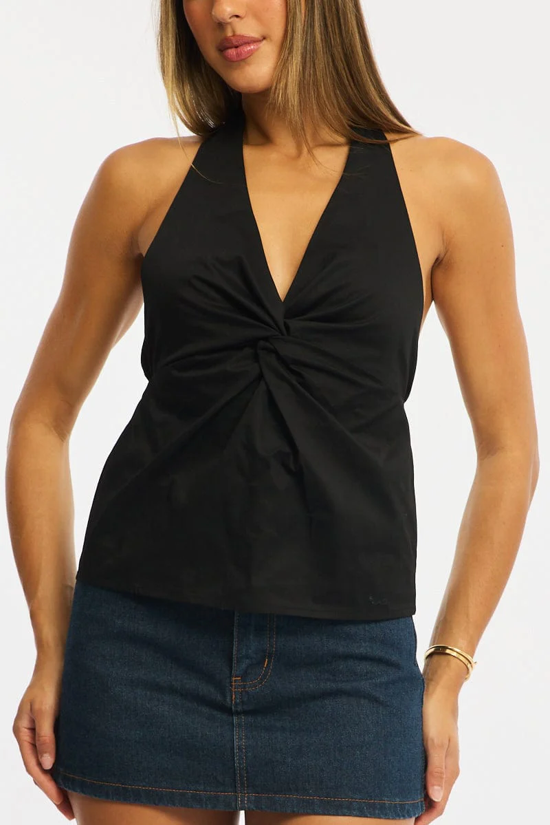 Black Twist Halter Top Sleeveless Cotton Poplin - Image 5