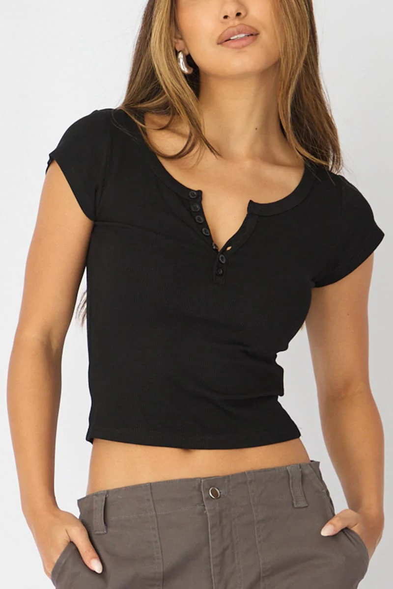 Black V-Neck Short Sleeve Top