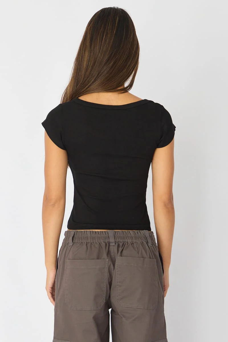 Black V-Neck Short Sleeve Top - Image 5