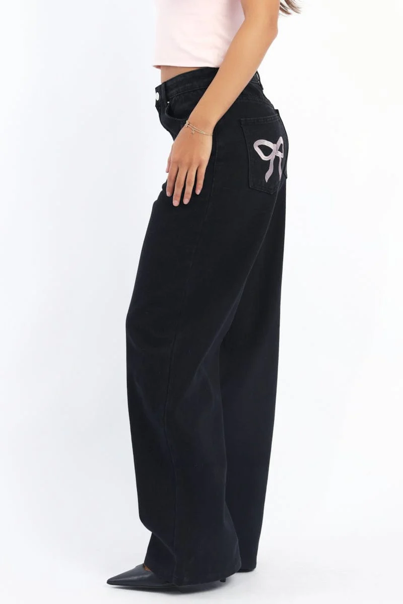 Black Wide Leg Jeans Mid Rise - Image 4
