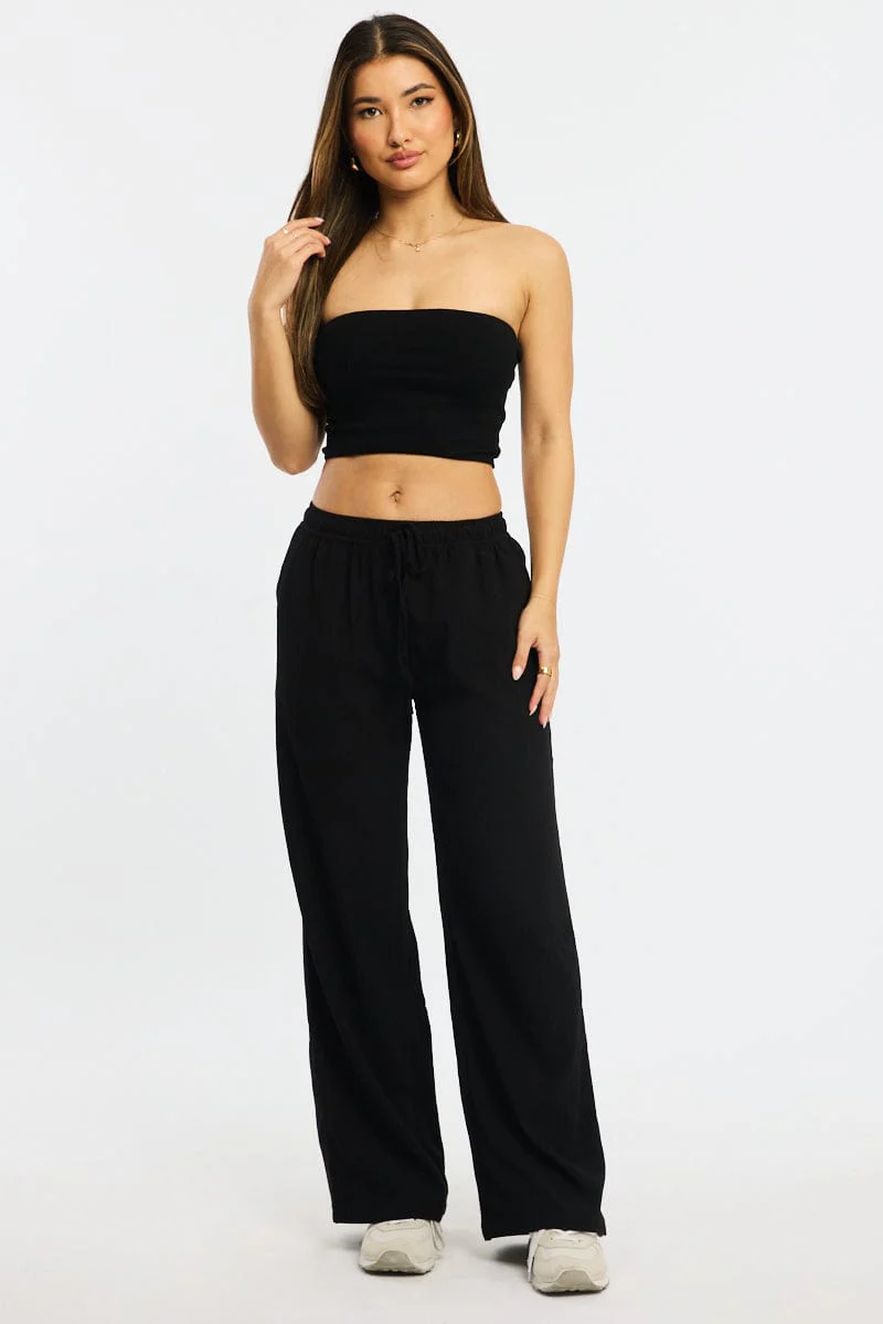 Black Wide Leg Pants Elasticated Waist - Image 3