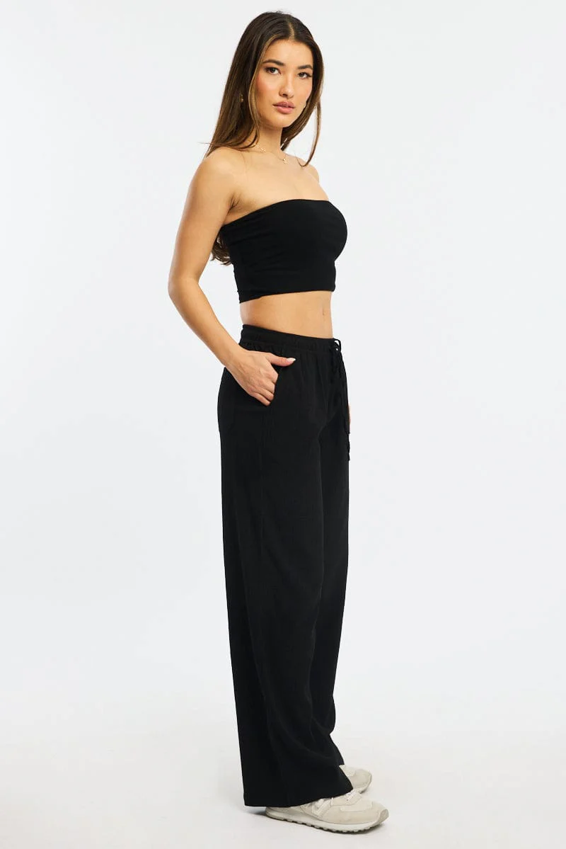 Black Wide Leg Pants Elasticated Waist - Image 4