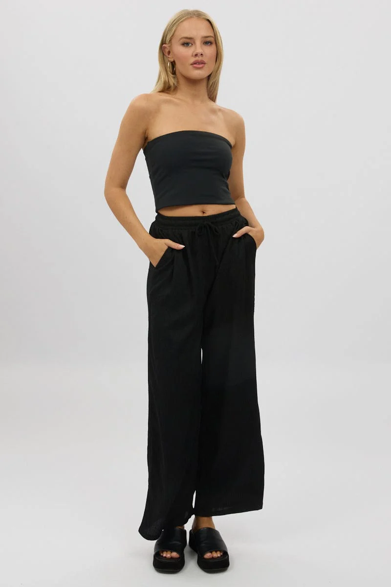 Black Wide Leg Pants Elasticated Waist - Image 2