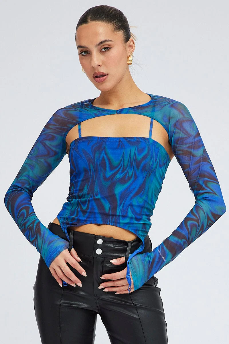 Blue Abstract Garter Corset Shrug Long Sleeve Mesh - Image 3