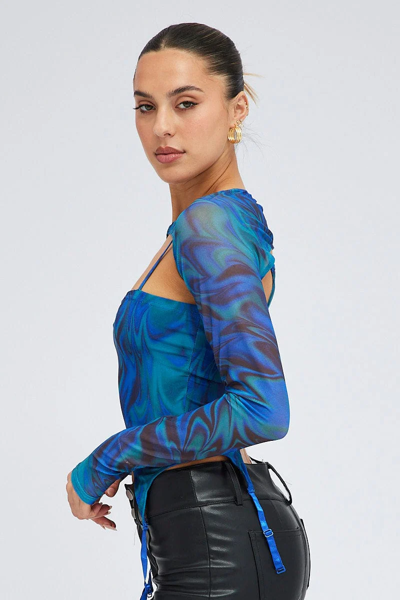 Blue Abstract Garter Corset Shrug Long Sleeve Mesh - Image 4