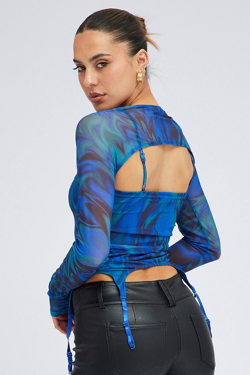 Blue Abstract Garter Corset Shrug Long Sleeve Mesh - Image 5