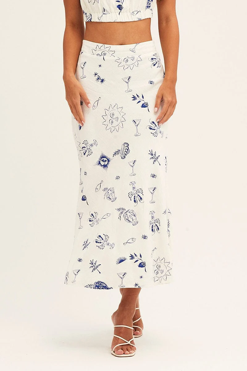 Blue Abstract Maxi Skirt High Rise Cotton Linen - Image 2