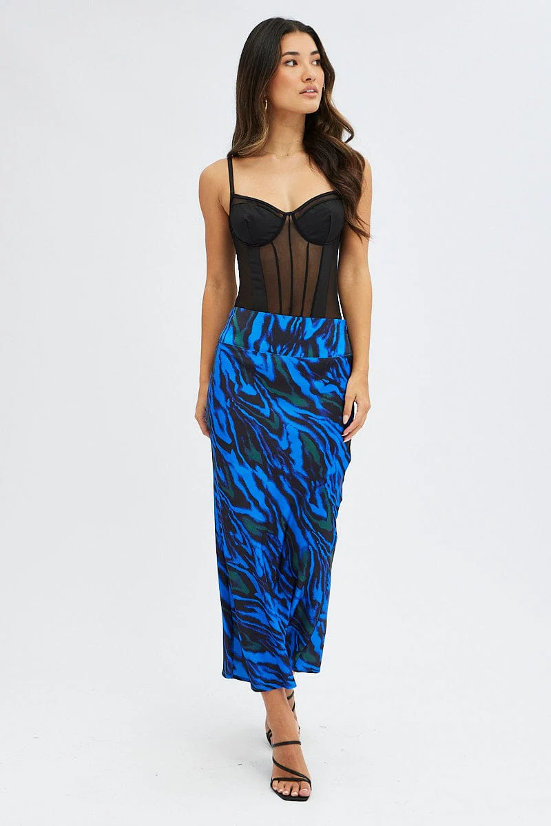 Blue Abstract Midi Skirt High Waisted Satin Bias Cut - Image 3