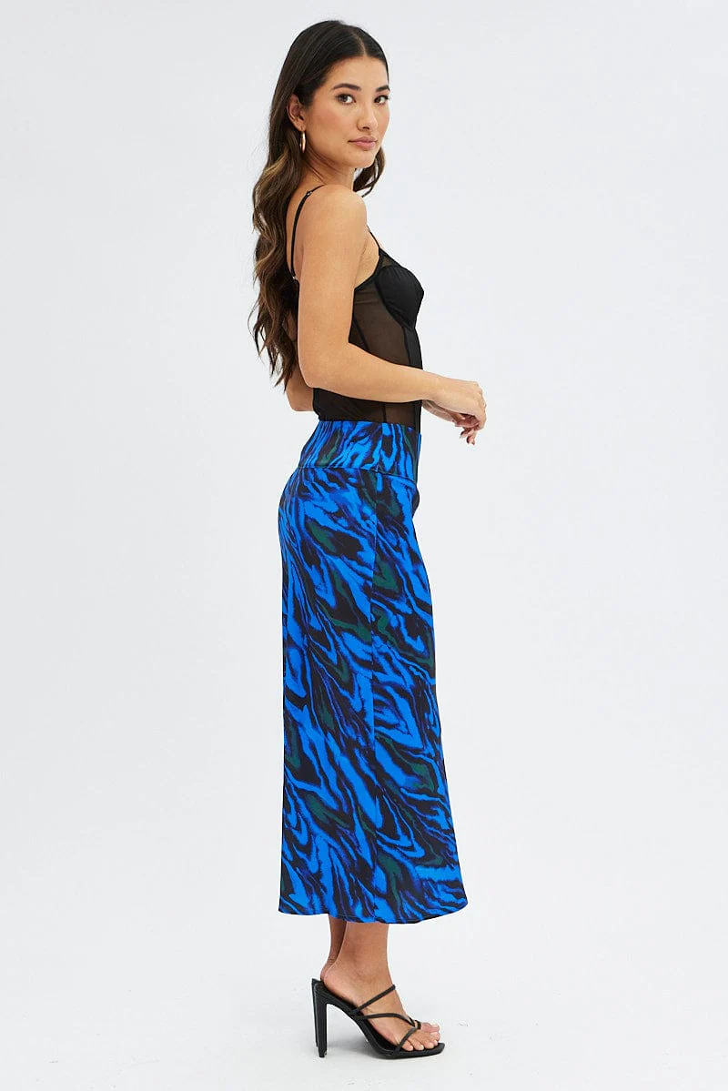 Blue Abstract Midi Skirt High Waisted Satin Bias Cut - Image 4