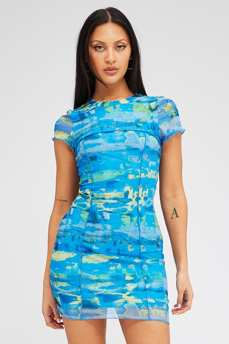 Blue Abstract Mini Dress Cap Sleeve Crew Neck Bodycon Mesh - Image 3