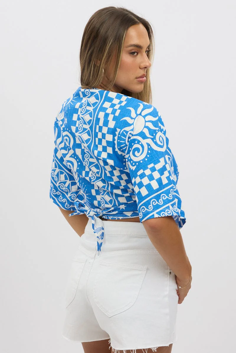 Blue Abstract Tie Up Bolero Short Sleeve - Image 5