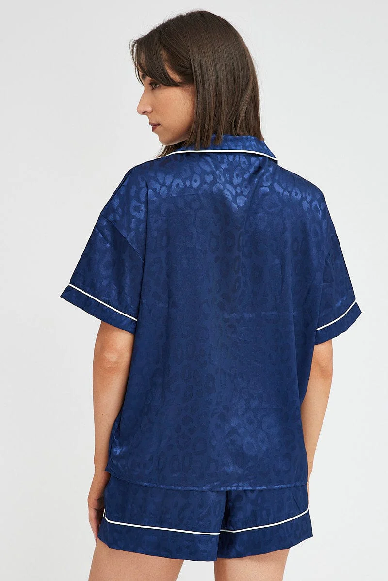 Blue Animal Print Pyjama Set Leopard Jacquard Contrast Piping PJ - Image 5