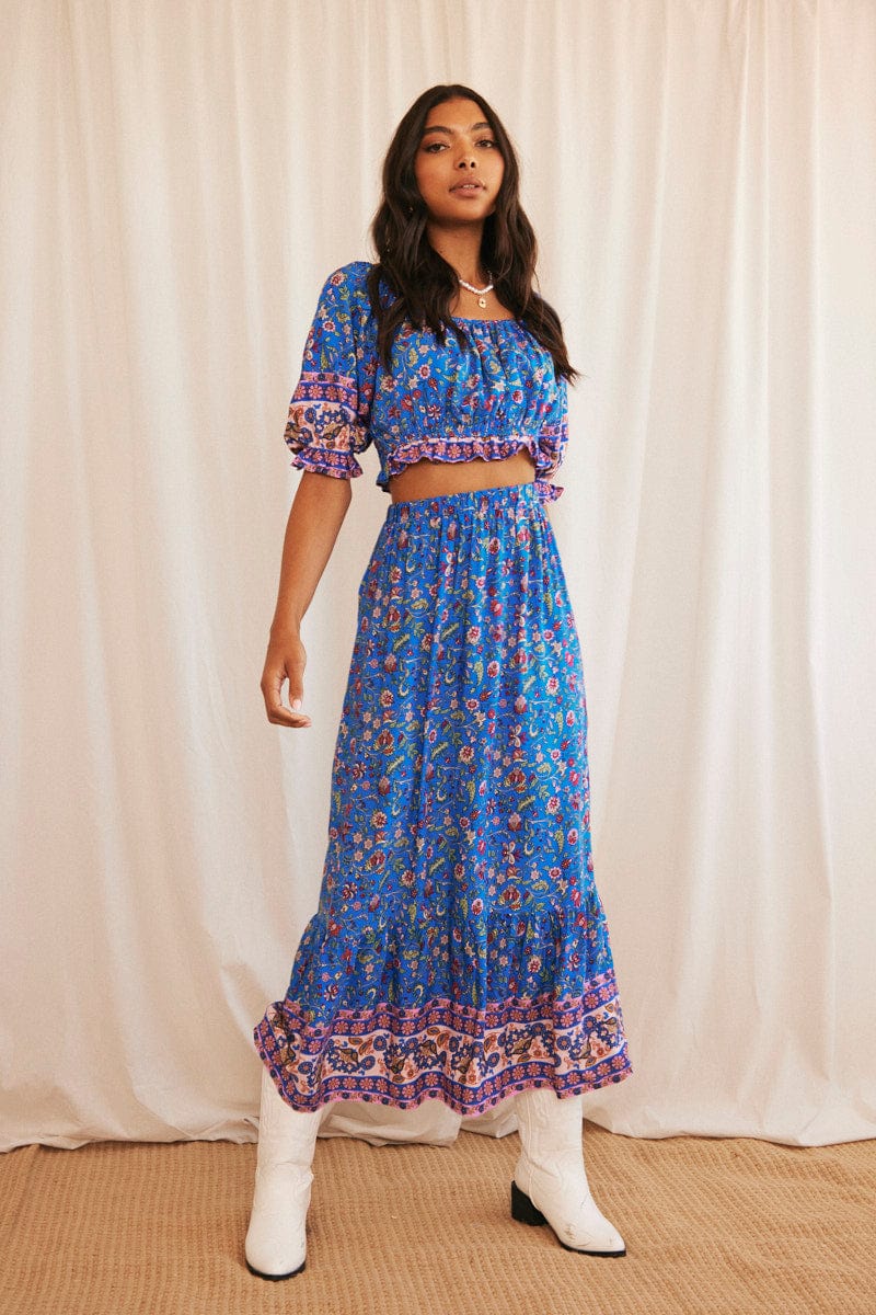 Blue Boho Maxi Skirt High Waisted Elastic Band Frill Hem - Image 3